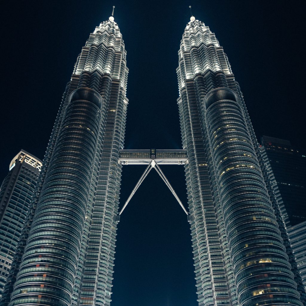 The Petronas Towers in Malaysia. Original public domain image from Wikimedia Commons